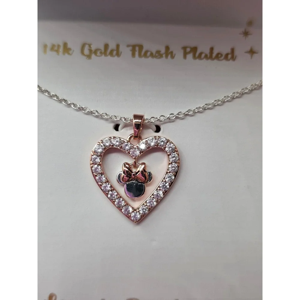 Disney Minnie Mouse 14k Gold Flash Plated Heart Crystal Necklace NEW